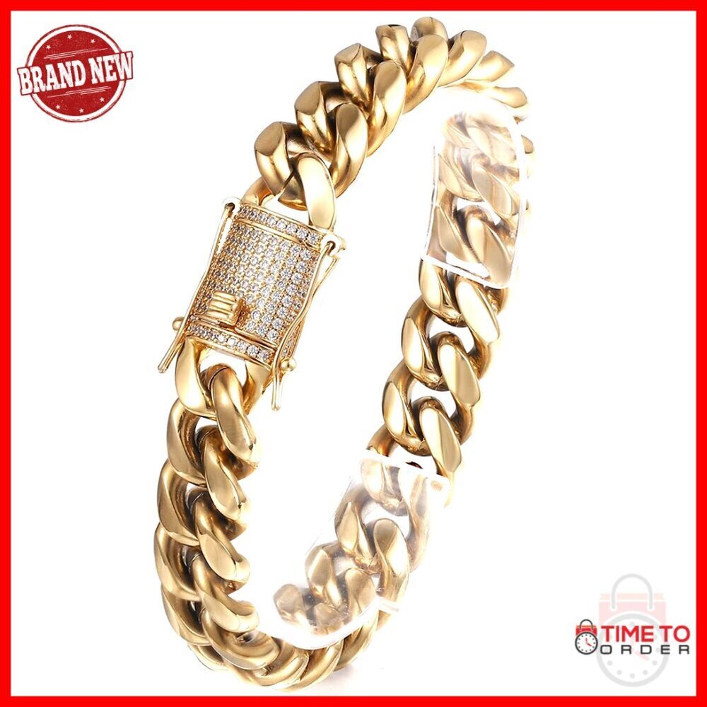 14K Gold Plated Stainless Steel Cuban Link Bracelet with Diamond Clasp